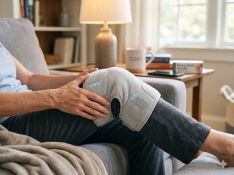 Person using a heated vibration knee massager for arthritis relief in a living room.
